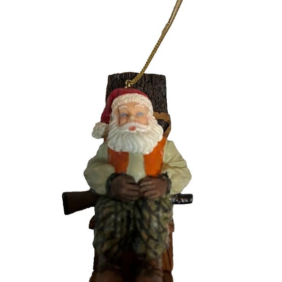 Christmas Santa Hunter Sitting w/Gun Ornament Painted Resin Cabincore Rustic - Picture 2 of 3
